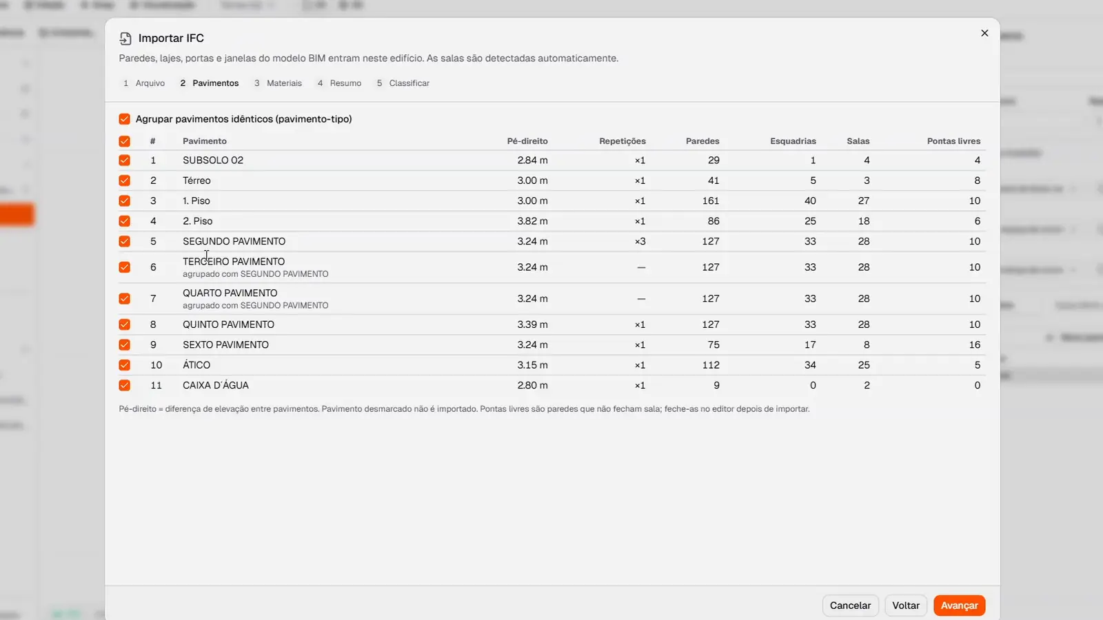 Importar IFC na etapa Pavimentos, com os pavimentos idênticos agrupados em pavimento-tipo